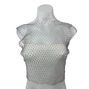Women's Silver Rhinestone Layering Mesh Sheer Fishnet Tank Crop Top Size S/M